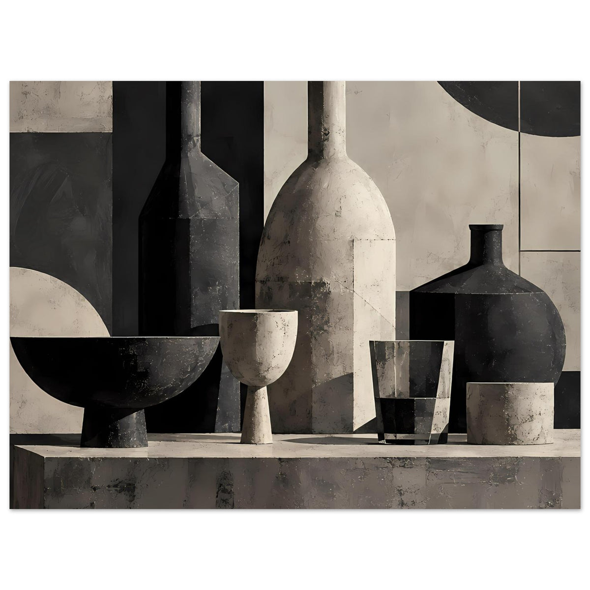 Poster mit Stillleben-Motiv: Vase, Flasche und Gläser in Schwarz und Grau