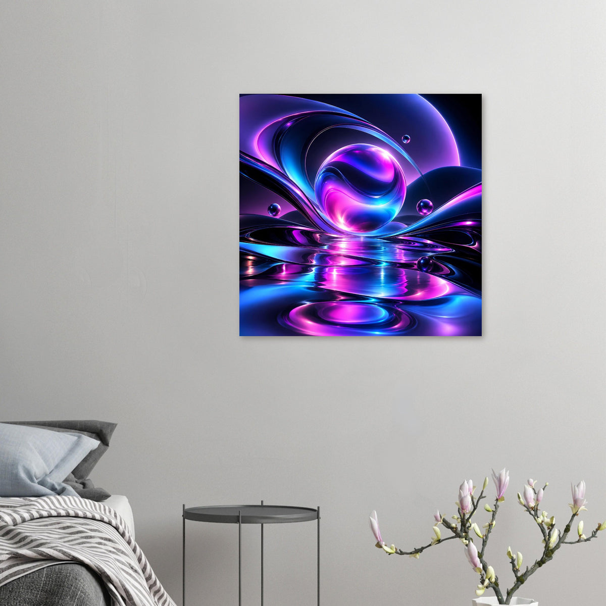 Abstraktes Neonlicht-Poster klein im Hochformat: schimmernde Kugel und Reflexionen in Blau/Violett