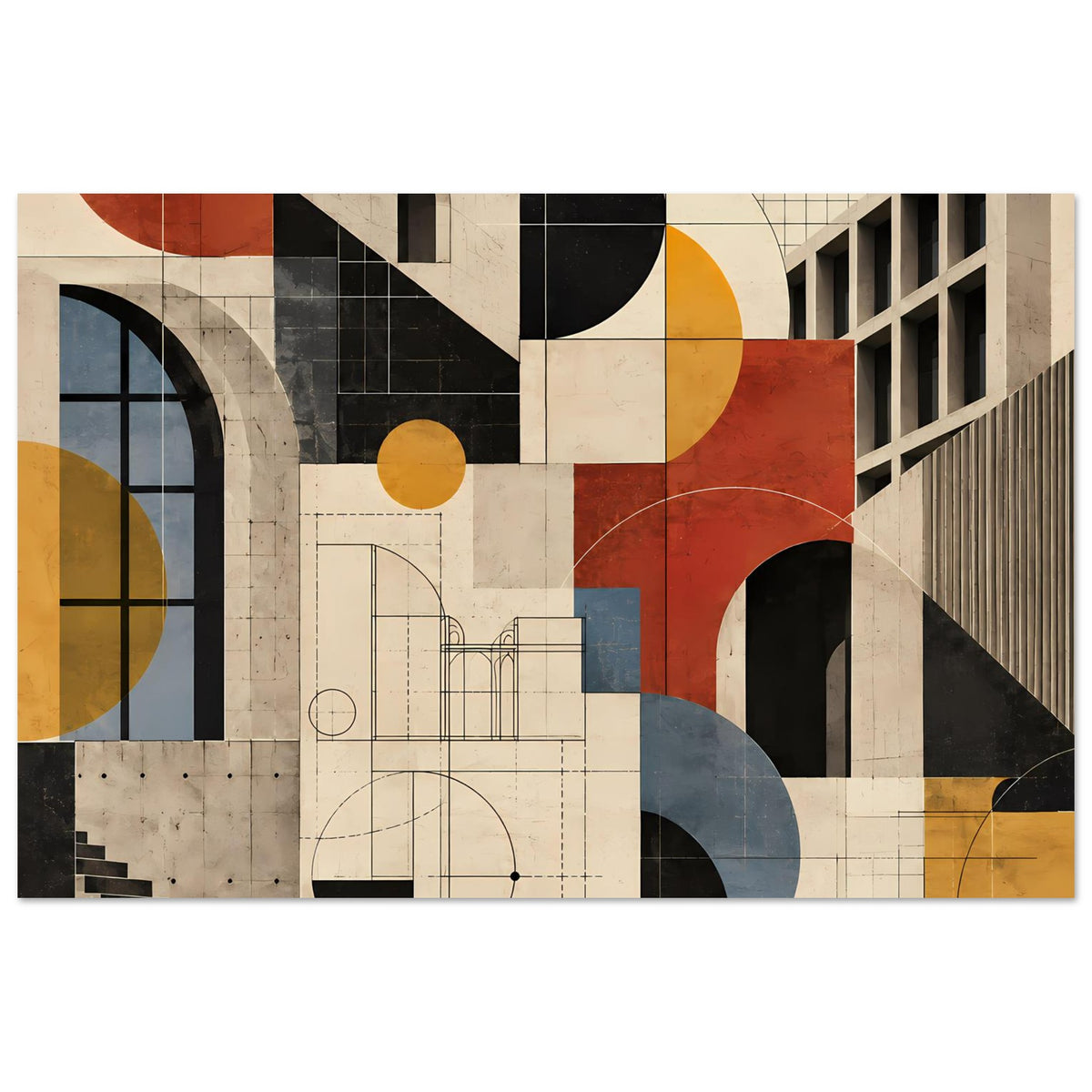Kunstposter mit geometrischen Fassaden, großen Halbbögen und Linien in Terrakotta- und Blautönen