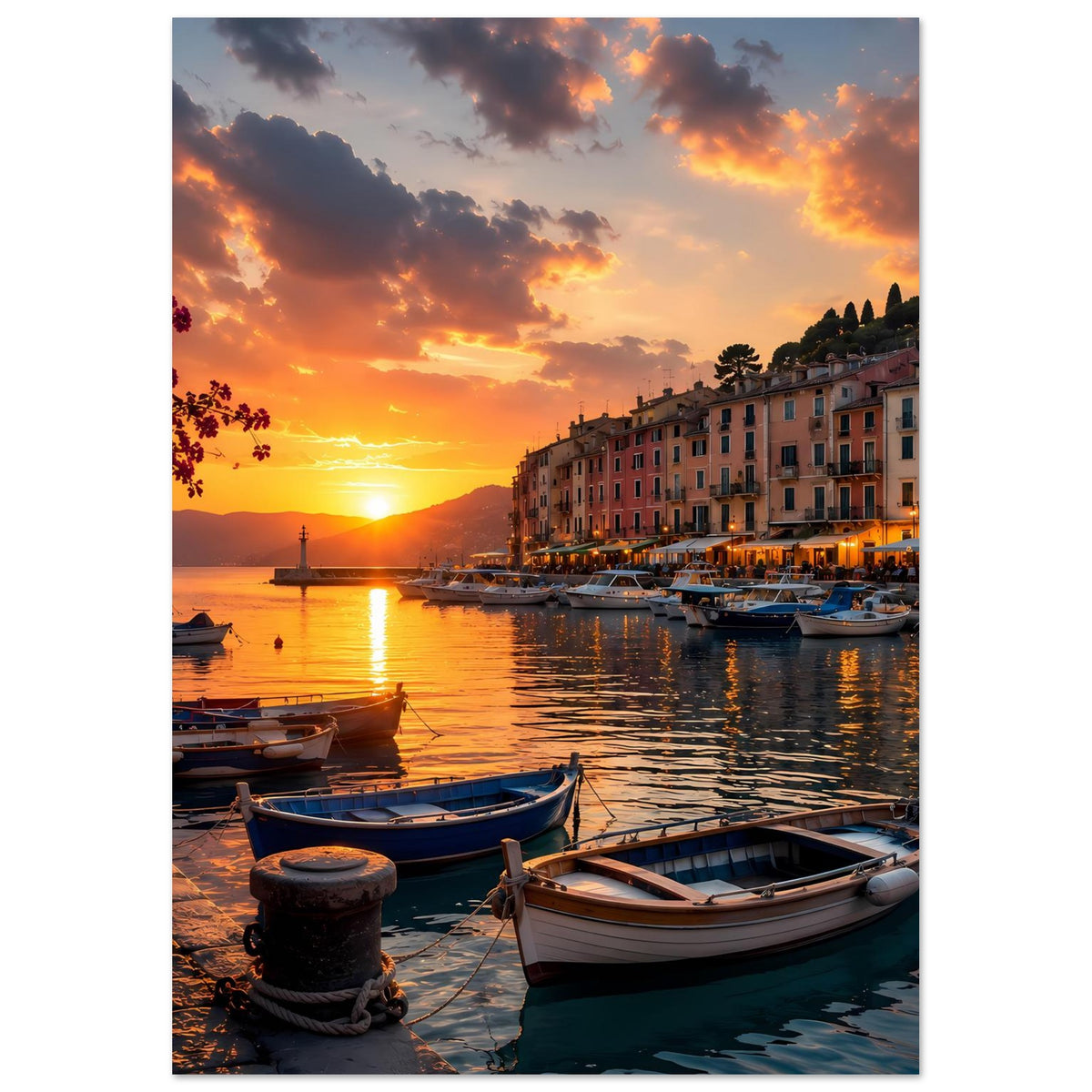 Poster mit Sonnenuntergang über dem Hafen, Häuserzeile am Ufer, Boote