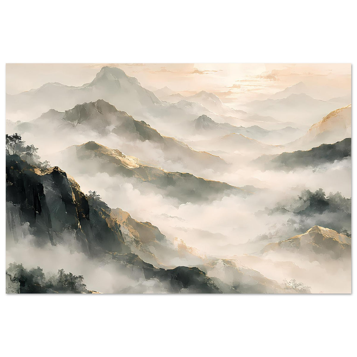 Bergpanorama-Poster, horizontal: Bergmassiv mit Nebelschichten und dezenten Sonnenstrahlen