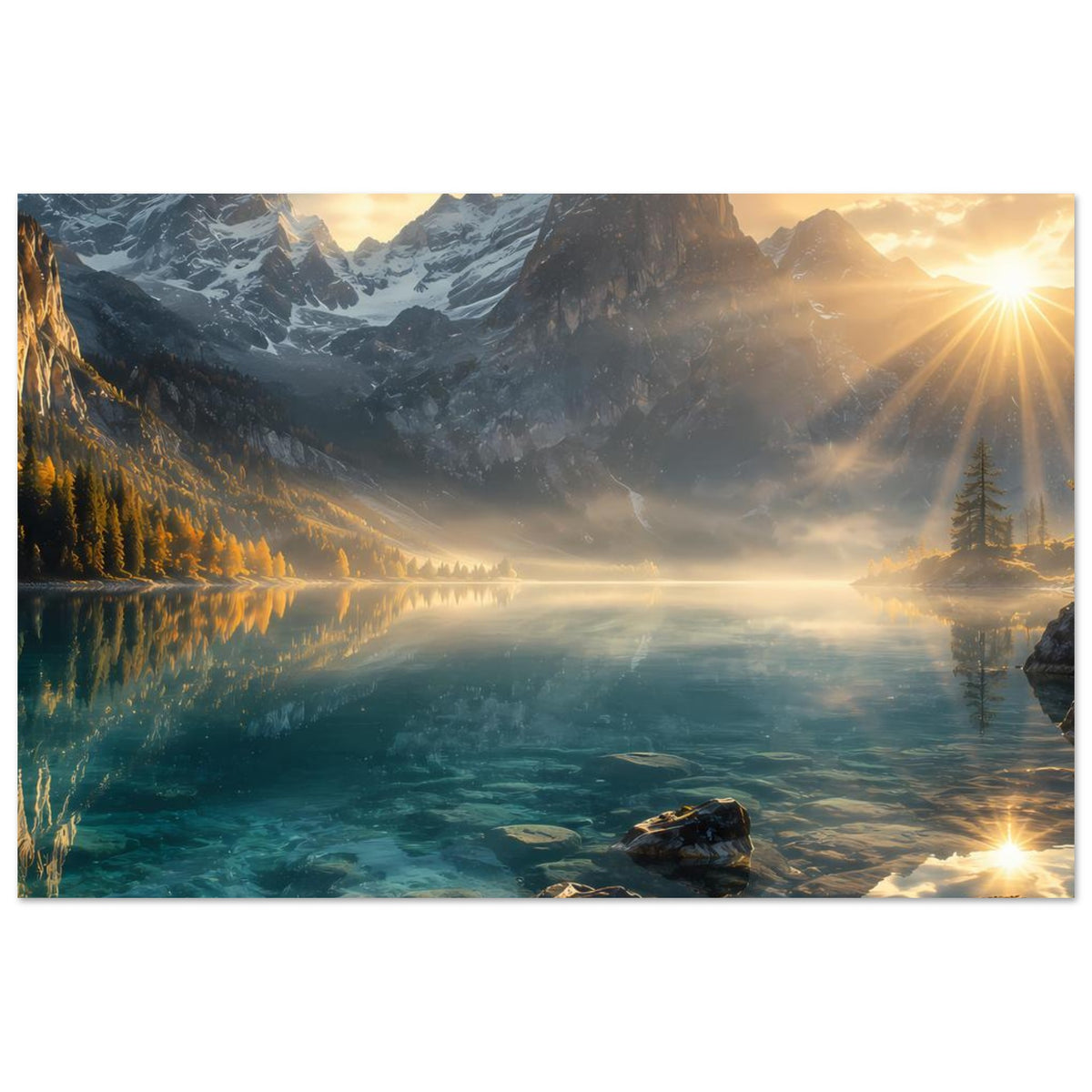 Wandposter Querformat: verschneite Berggipfel, Bergsee-Spiegelung und helle Sonnenstrahlen