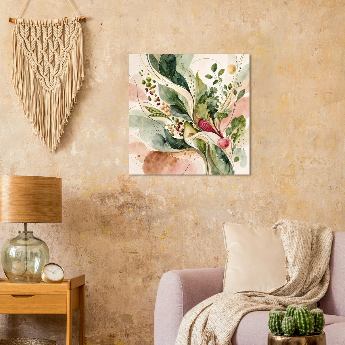 Botanisches Naturposter mit grünen, beigen und roséfarbenen Formen, quadratisch