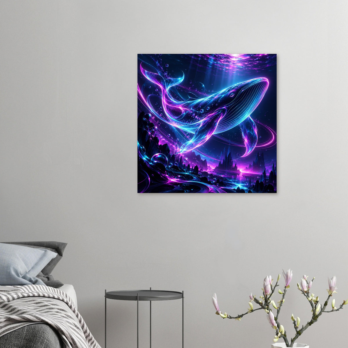 Kleines Neon-Wal Poster an der Wand, leuchtender Wal in Pink und Blau mit Blasen
