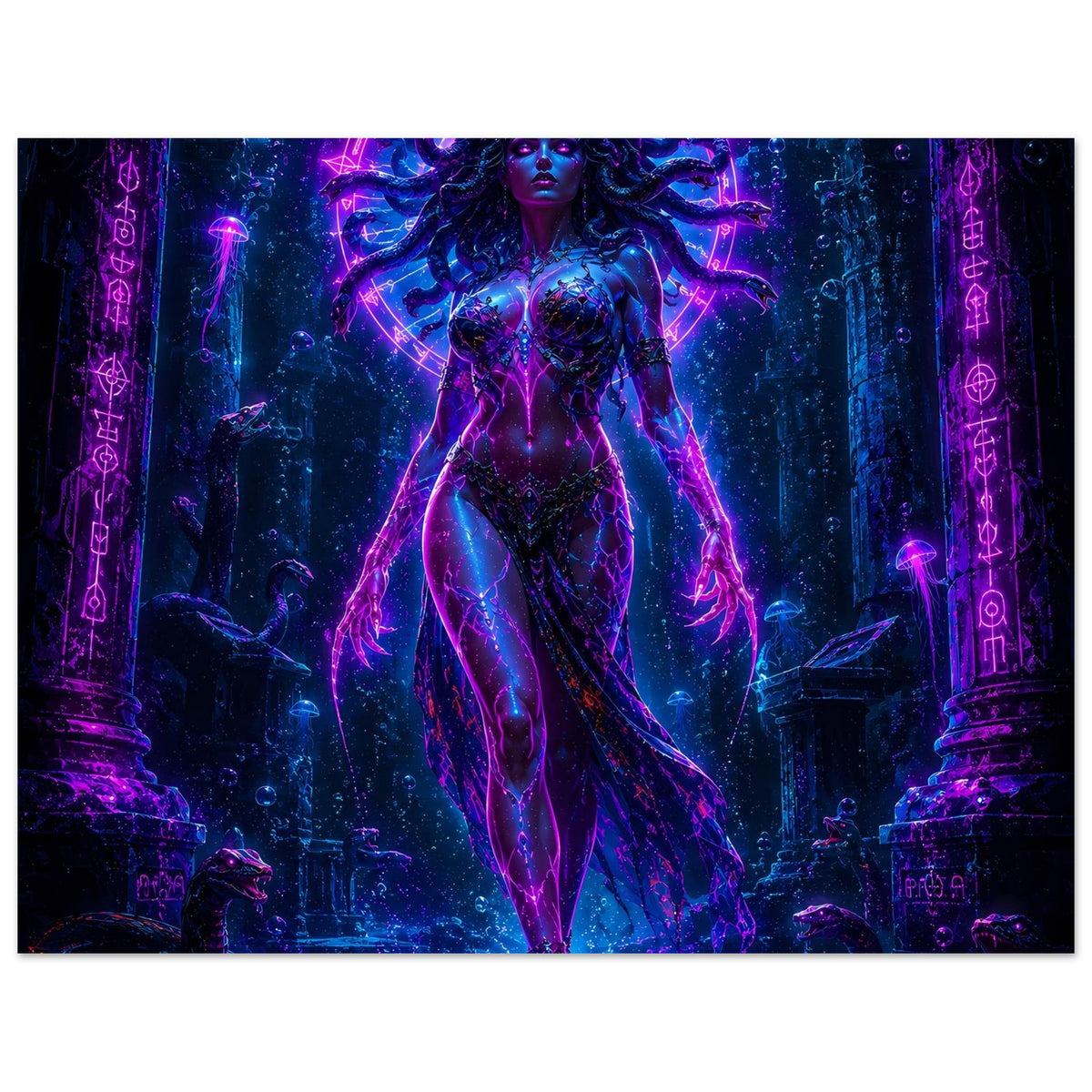 Neon-Medusa-Poster mit Medusa-Figur in Nahansicht, violett-blaue Lichtstrahlen