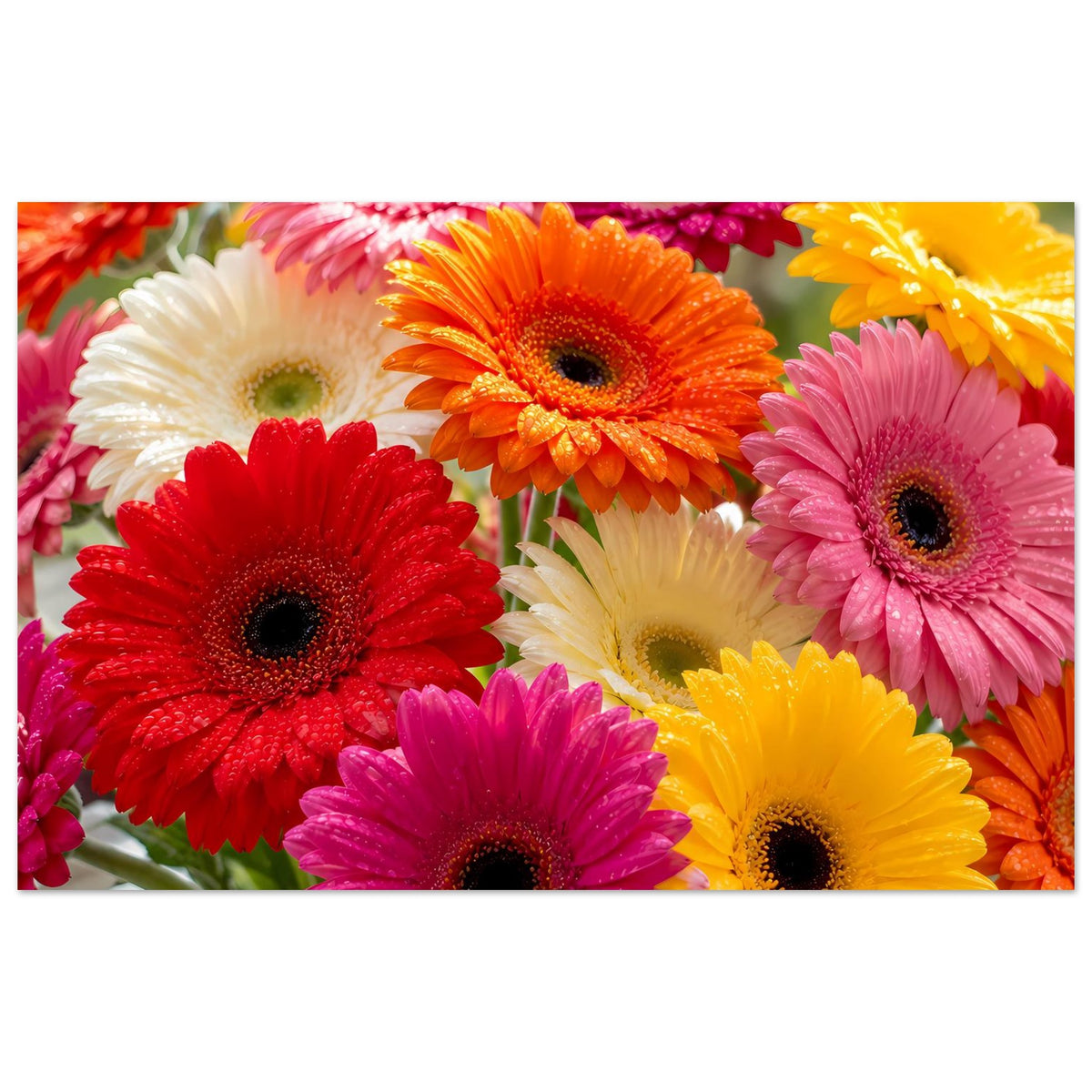 Buntes Gerbera-Blumenposter mit Close-up von roten, rosa, gelben und weißen Gerberas