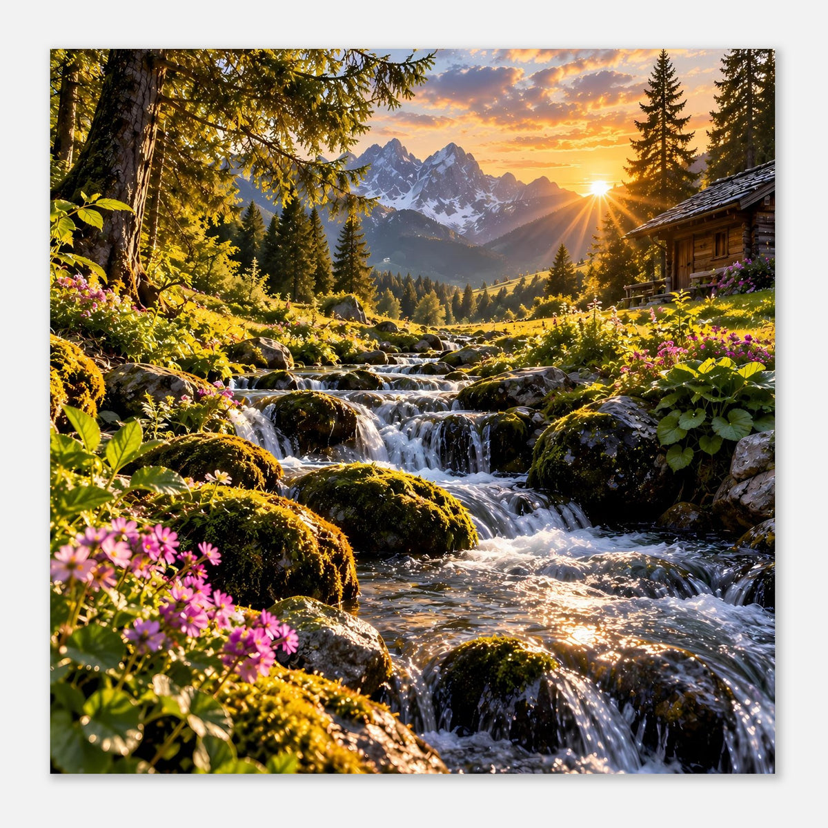 Horizontales Poster: Gebirgsbach mit Wasserfällen, blühende Büsche und goldenes Licht