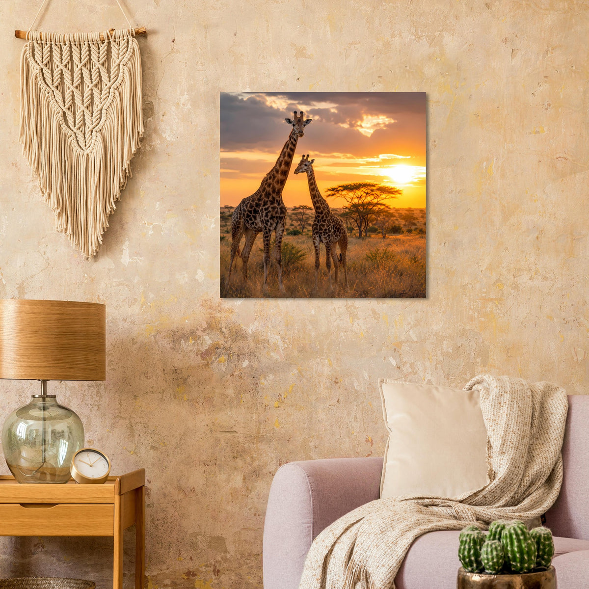 Quadratisches Poster mit Giraffenpaar vor untergehender Sonne
