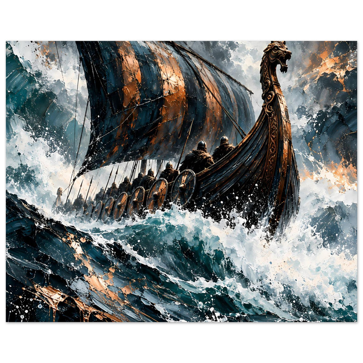 Poster mit Wikinger-Langschiff auf hoher See, dunkles Segel, Sturmwasser und Spritzern