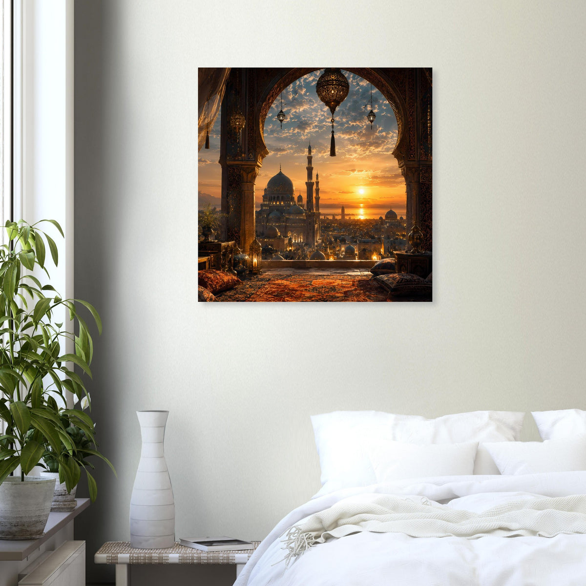 Quadratisches Poster: Moschee und Abendsonne durch große Rundbogenöffnung