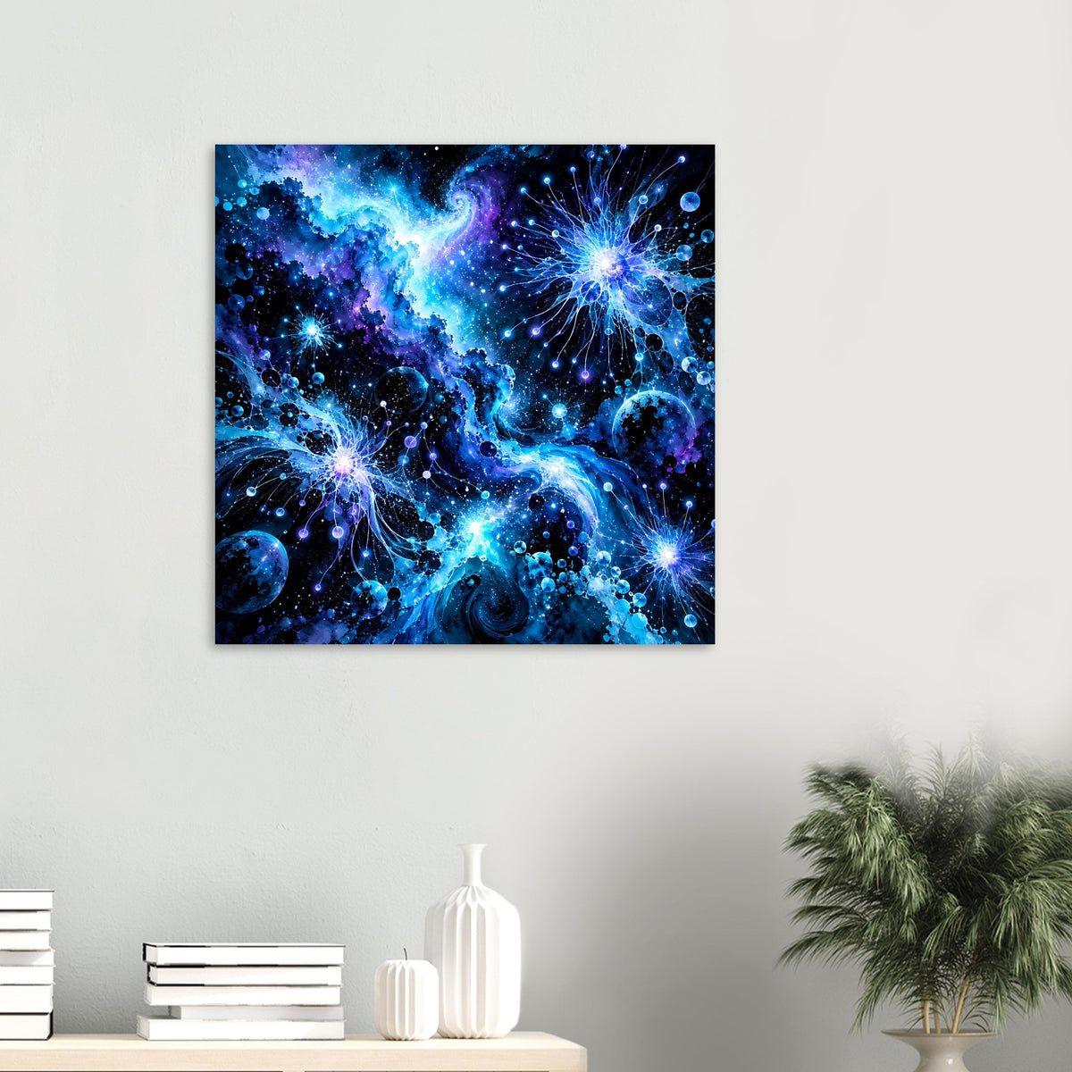 Kleines galaktisches Poster im Querformat mit blauem Nebel-, Sterne- und Planetenmotiv