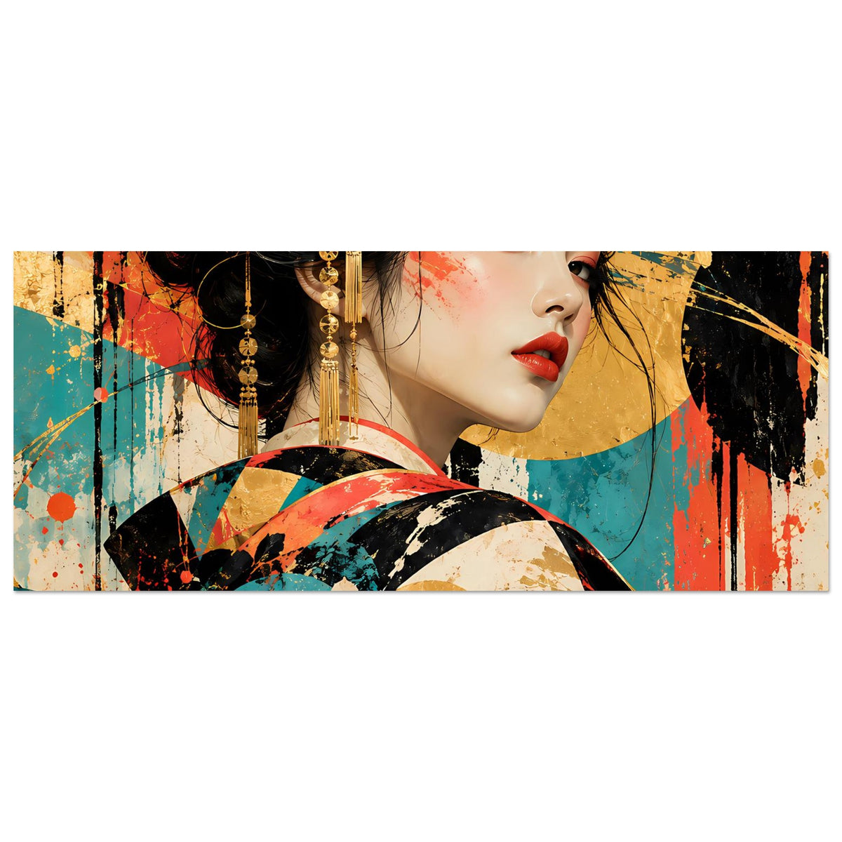 Horizontales Poster: Geisha-Gesicht mit roten Blüten und goldenen Anhängern im Haar