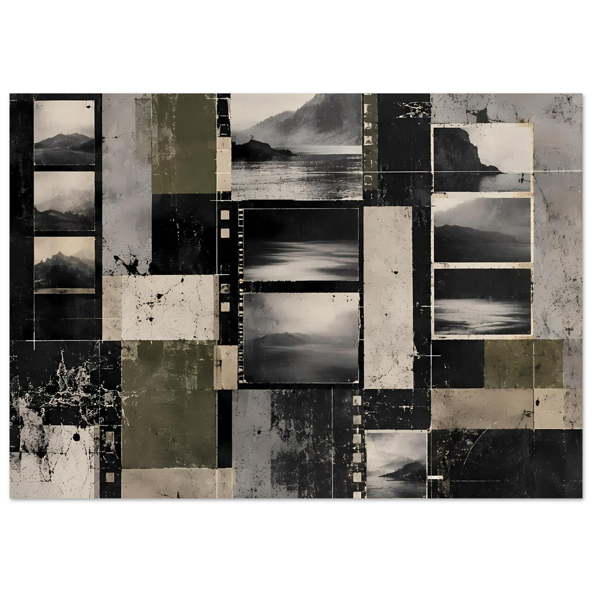 Abstraktes Vintage-Landschafts-Poster, horizontal, schwarz-grau-beige, gedruckte Textur und Fugen