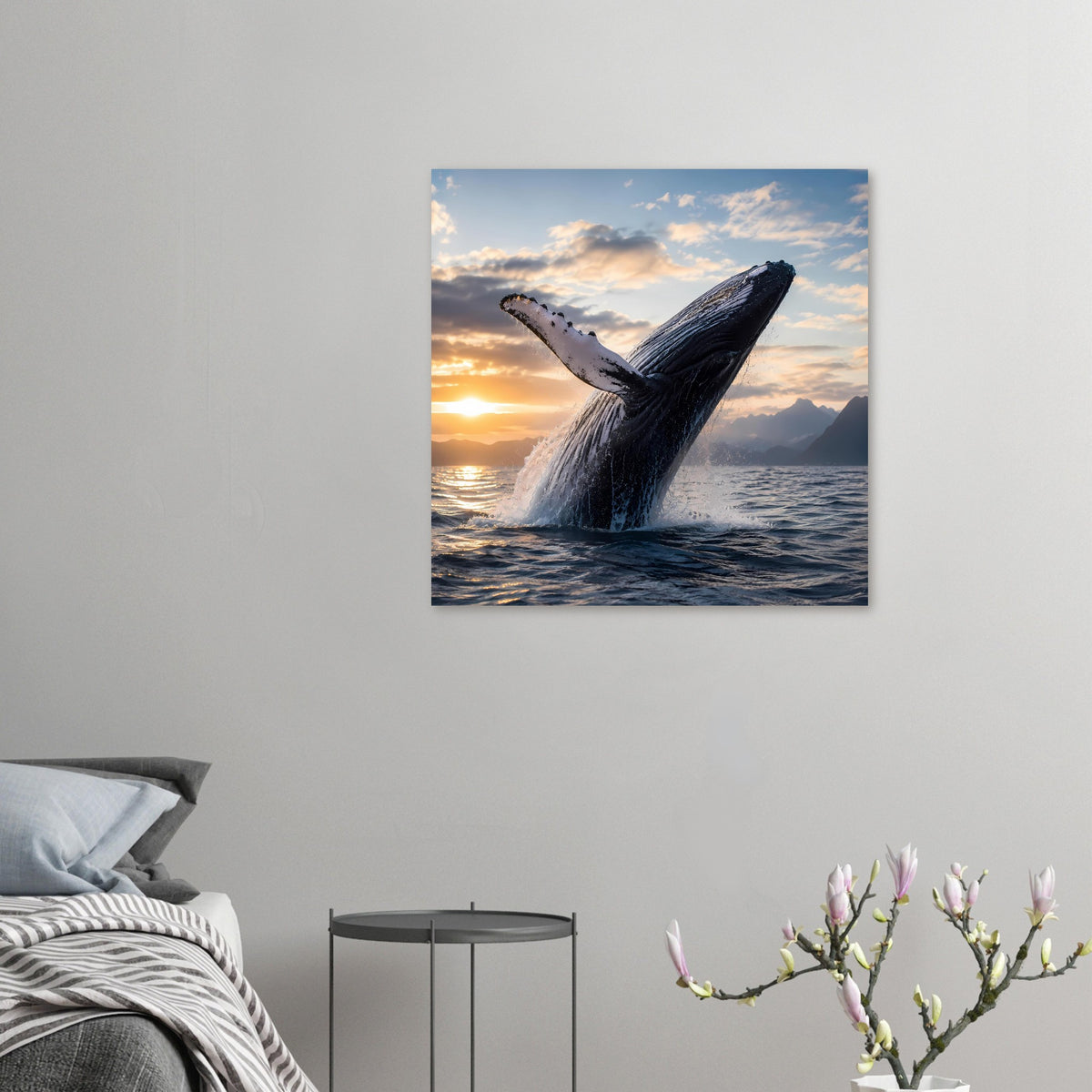 Wandposter mit springendem Buckelwal-Motiv im Sonnenuntergang