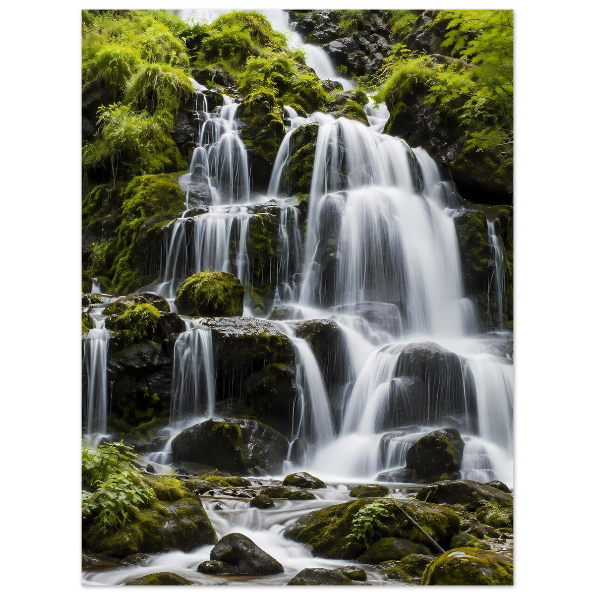 Wasserfall-Poster im Hochformat: schäumendes Wasser über dunkle Felsblöcke, viel Grün