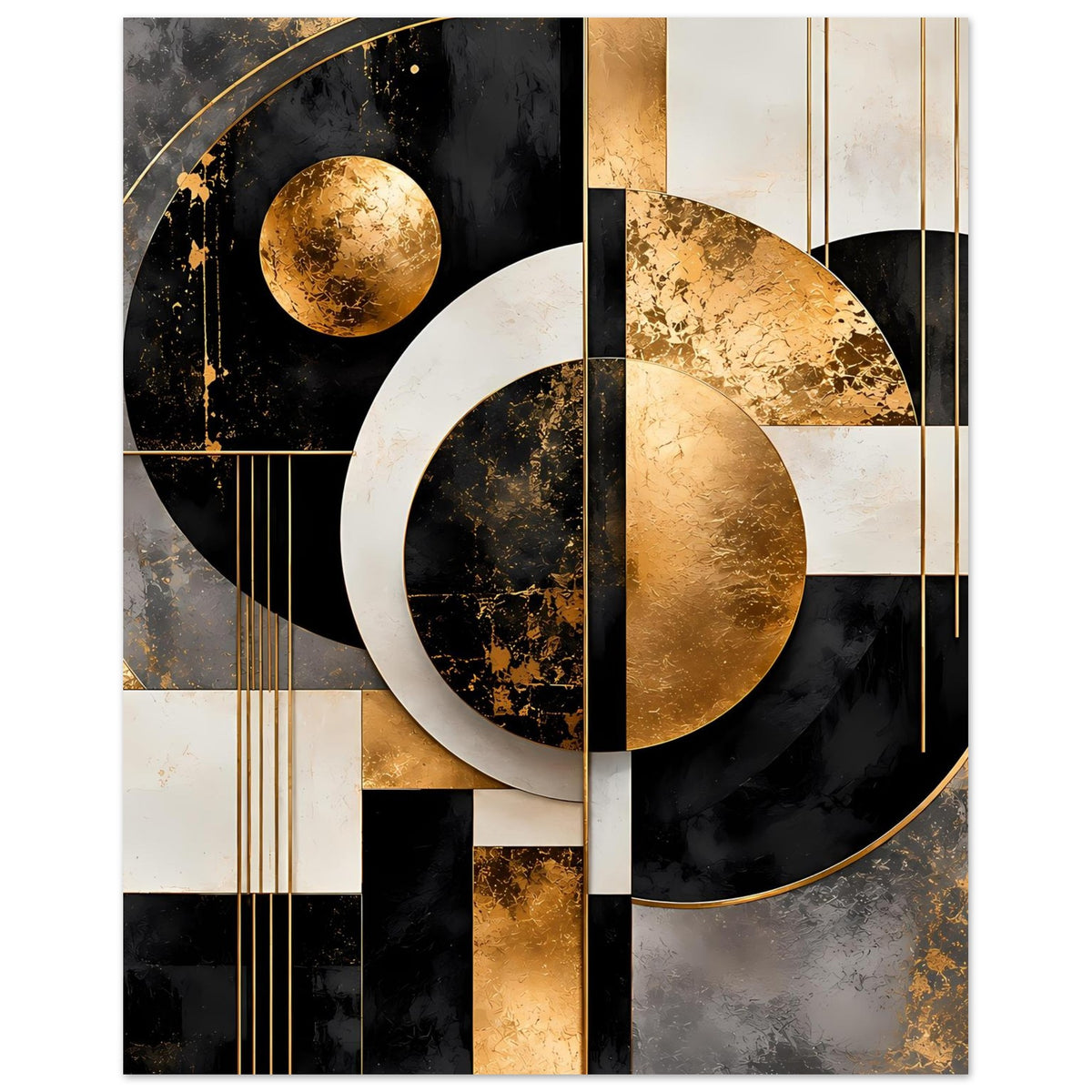 Poster mit geometrischen Ringen in Gold und Schwarz, Akzente in Creme.