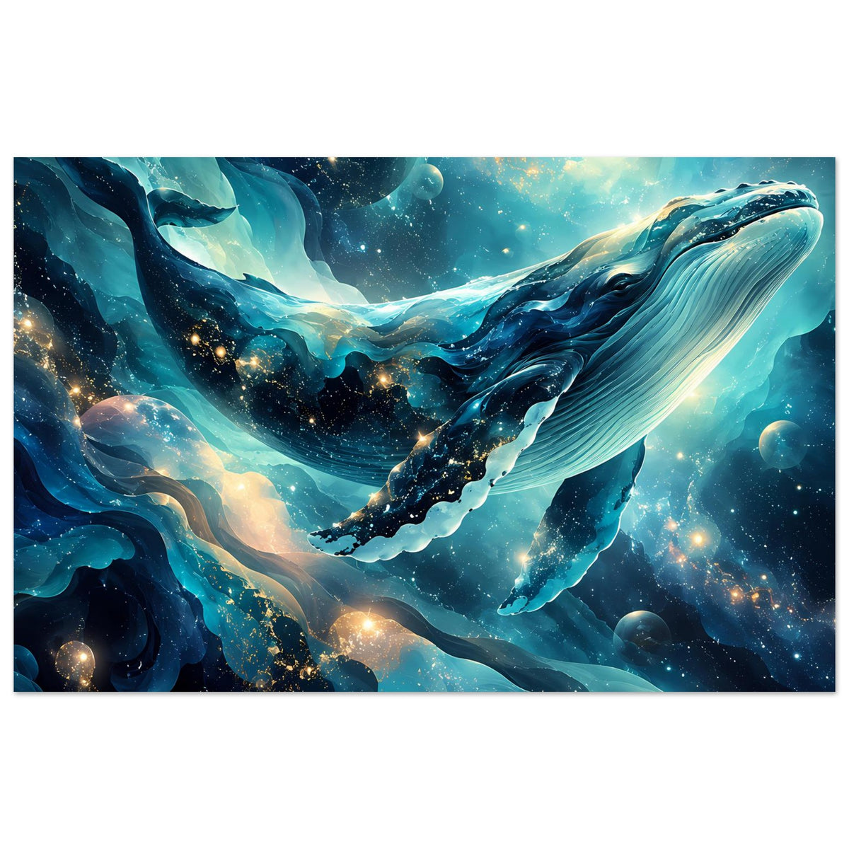 Horizontales Ozean-Poster mit gewaltigem Wal in Blau und goldenen Lichtern