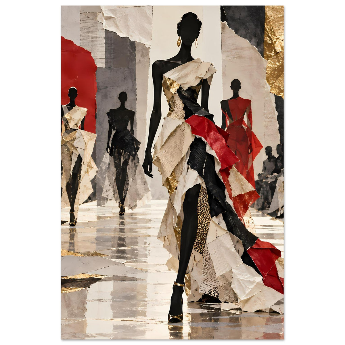 Modeposter im Hochformat mit Laufsteg-Models, Schwarz, Rot und Gold