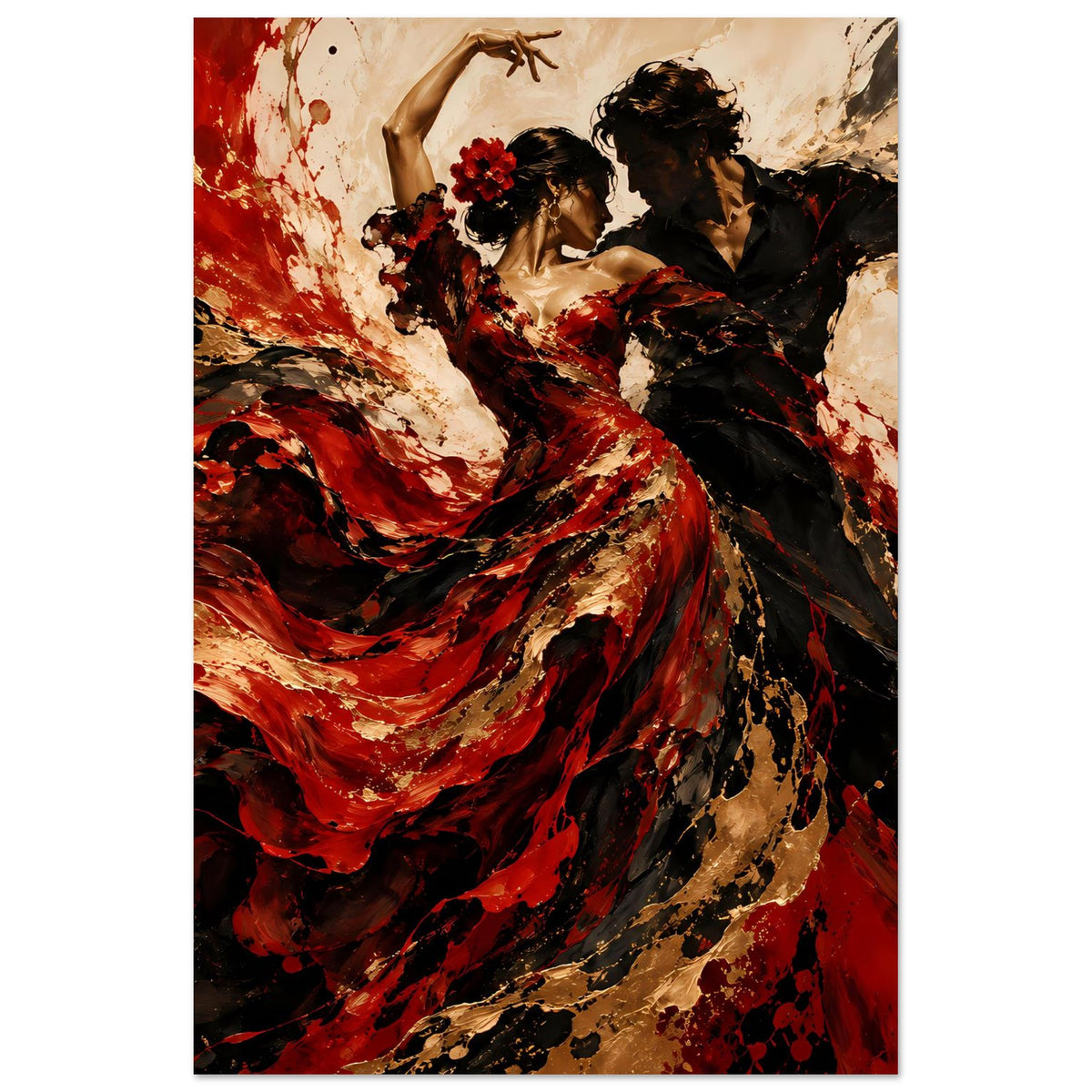 Hochformatiges Poster mit Flamenco-Paar: rotes Kleid, schwarze Schatten, goldfarbene Spritzer