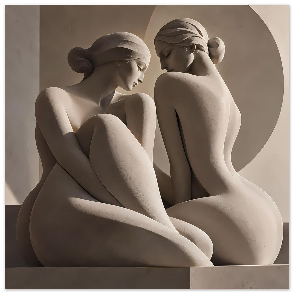Kunstdruck mit zwei antiken Aktfiguren, sitzend, Profilgesichter, monochrom