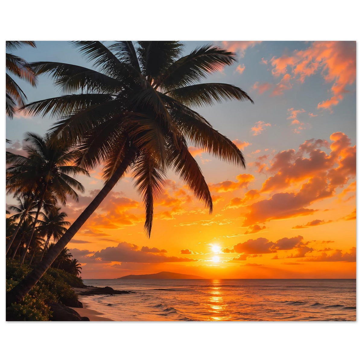 Poster: Palme links, Sonnenuntergang mit orangefarbenem Himmel über dem Wasser.