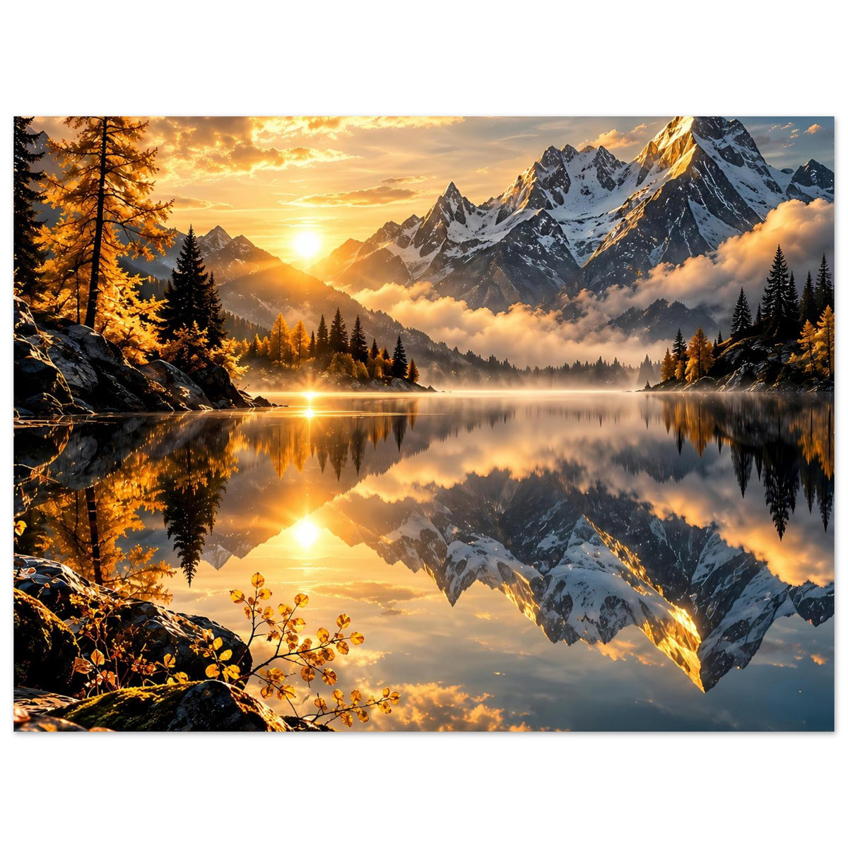 Fotoposter: Sonnenaufgang am Bergsee mit schneebedeckten Gipfeln und Spiegelung