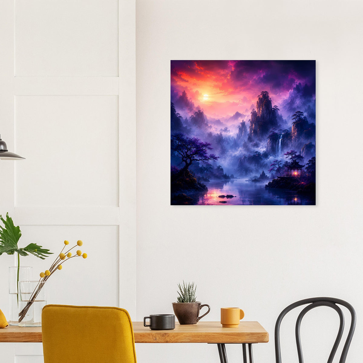 Fantasy-Poster mit nebligem Bergtal, violettem Himmel und spiegelndem Seeufer