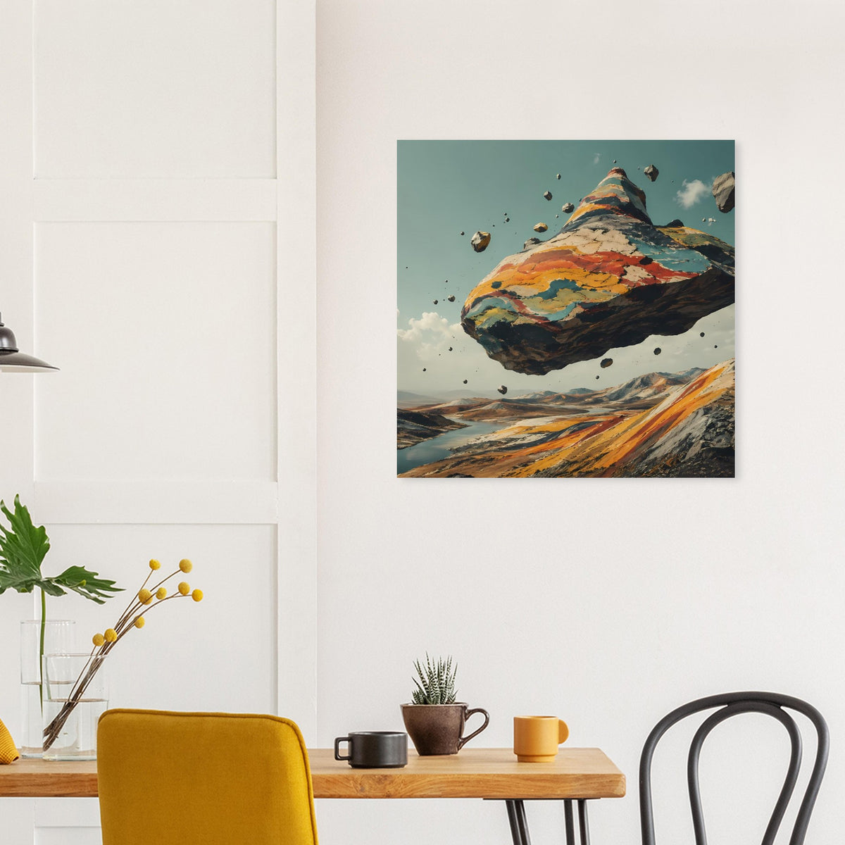 Quadratisches Poster mit schwebendem Berg über Landschaft in Braun, Orange und Blau