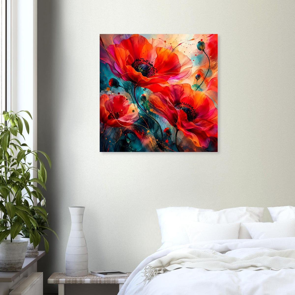Buntes Blumen-Kunstposter mit mehreren roten Blüten auf blaugrünem Farbverlauf und Punkten