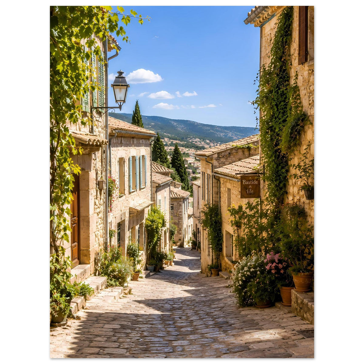 Mediterranes Posterdruck-Motiv: sonnige Gasse zwischen Häusern mit Efeubewuchs und Laterne