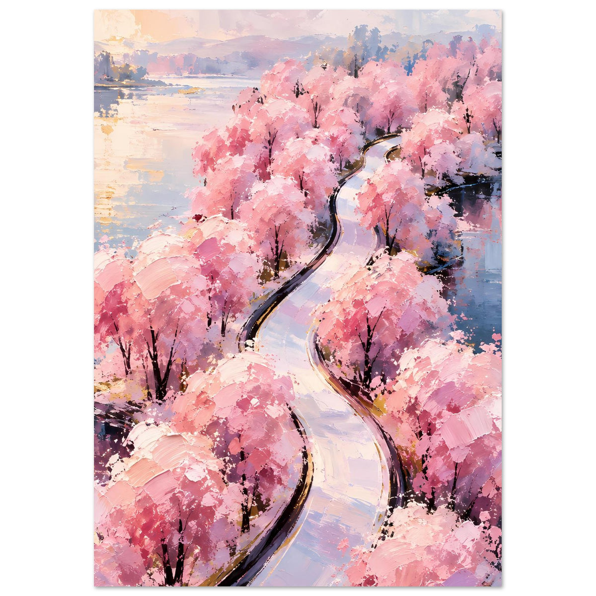 Poster im Hochformat mit rosa Blütenbäumen und geschwungenem Weg am Wasser