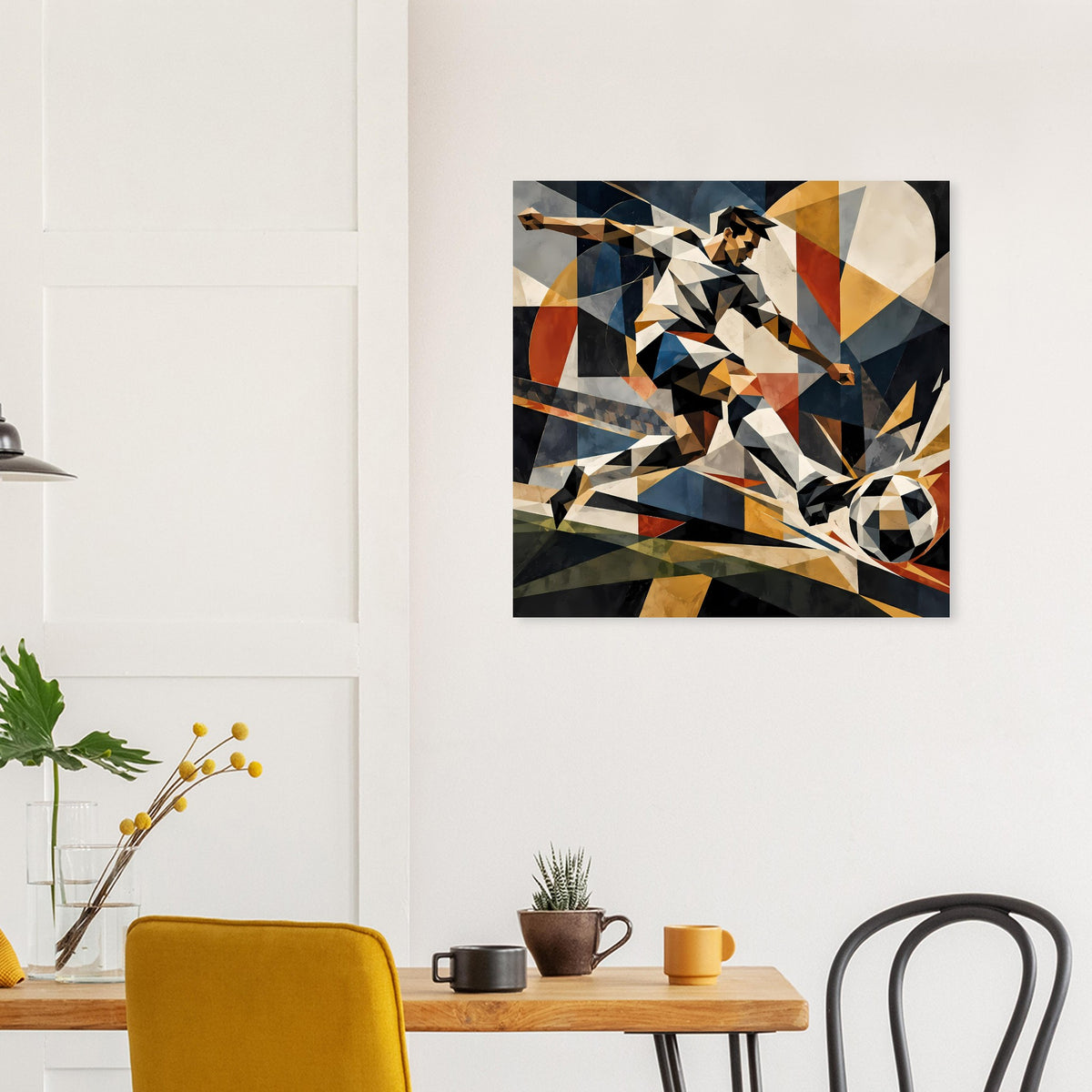 Quadratisches Poster mit abstraktem Fußballspieler, geometrische Kacheln in Dunkelblau, Gold und Rot