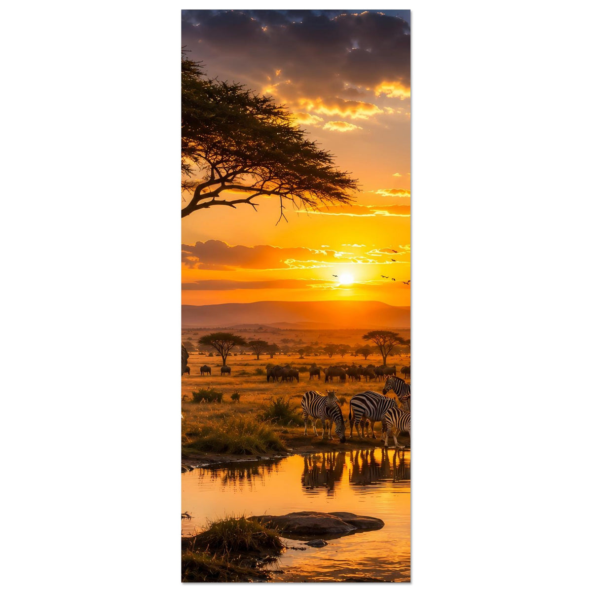 Hochformat-Poster: Elefanten links, Zebras und Giraffen am Wasserloch im Sonnenuntergang