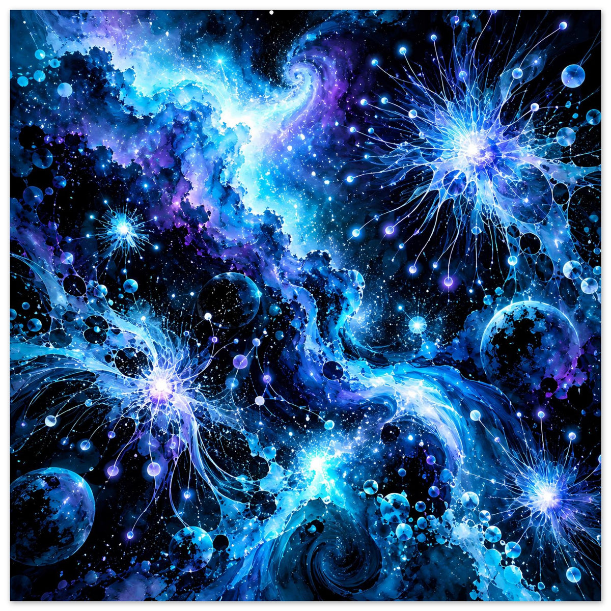 Leuchtendes galaktisches Poster: Detailansicht mit Planeten, Partikeln und hellen Sternenstrahlen