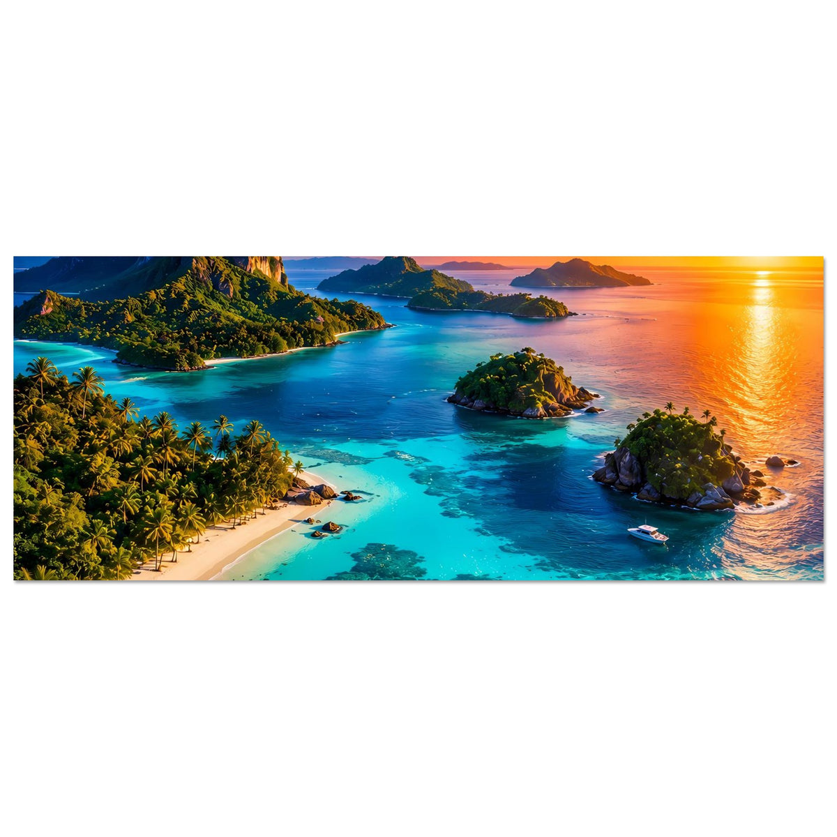 Horizontales Poster mit türkisblauer Lagune, Sandbucht, Inseln und Sonnenuntergang am Meer