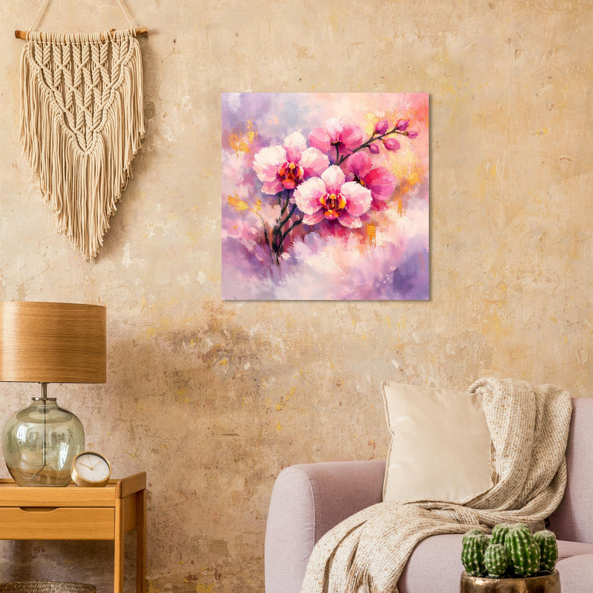Poster mit rosa Orchideenblüten und violettem Wolkenhintergrund, goldene Farbtupfer am Ast