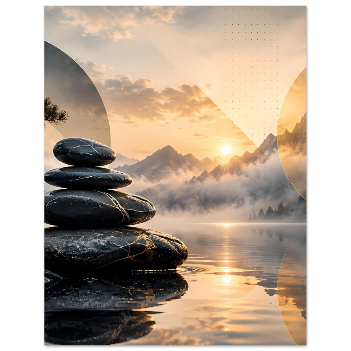 Zen-Kunstposter im Hochformat: links Steinstapel, rechts Bergmassiv, Sonnenaufgang über Wasser