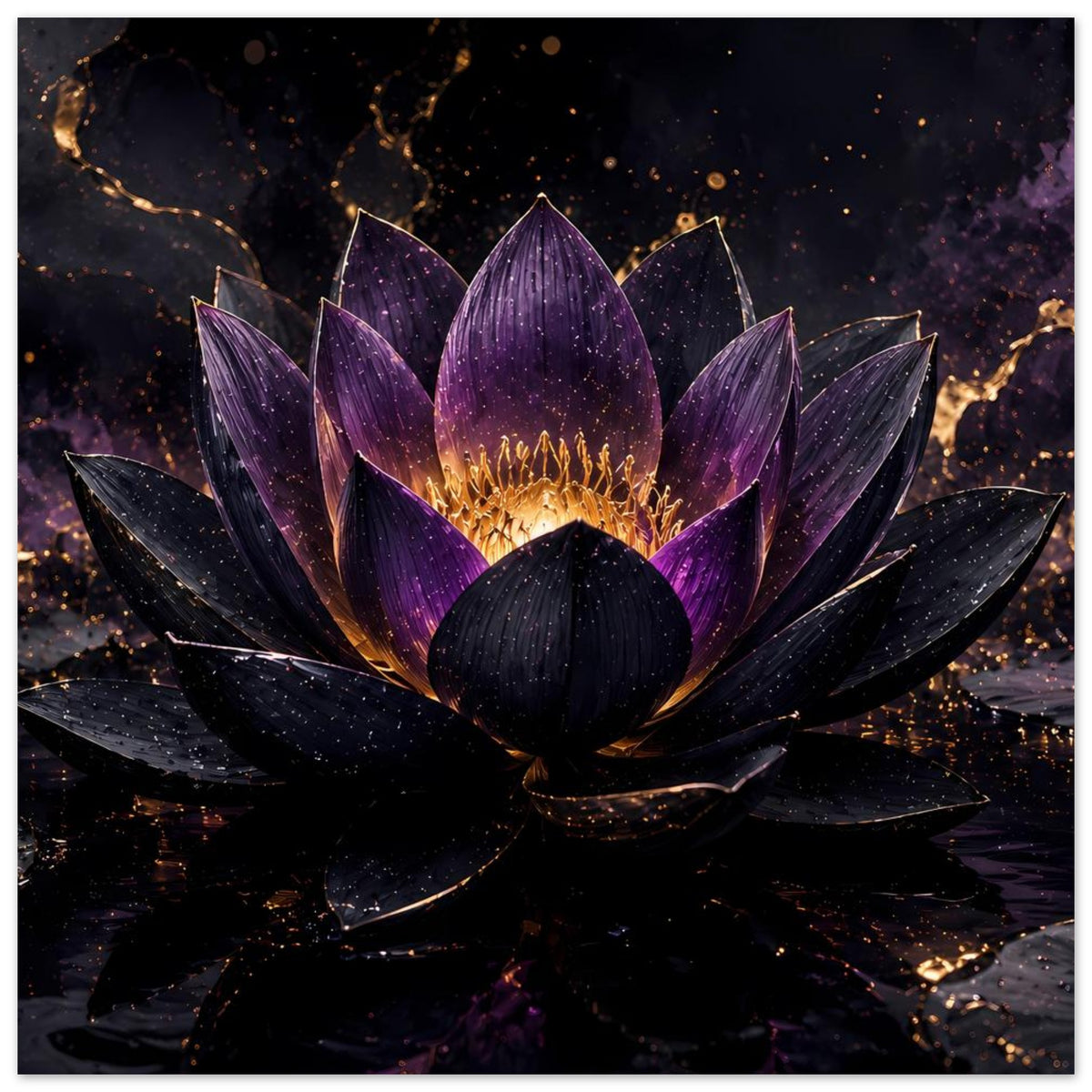 Poster: große violette Lotusblüte mit goldenem Zentrum, dunkle Sternen- und Lichtpunkte.