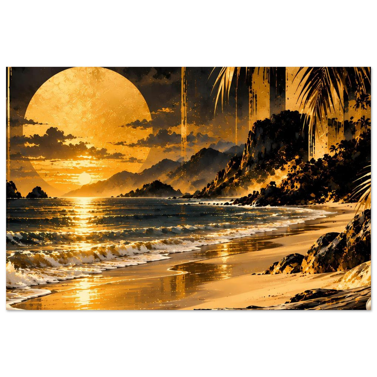 Kunstposter im Querformat mit Strand bei Nachtsonne, Reflexionen auf dem Wasser