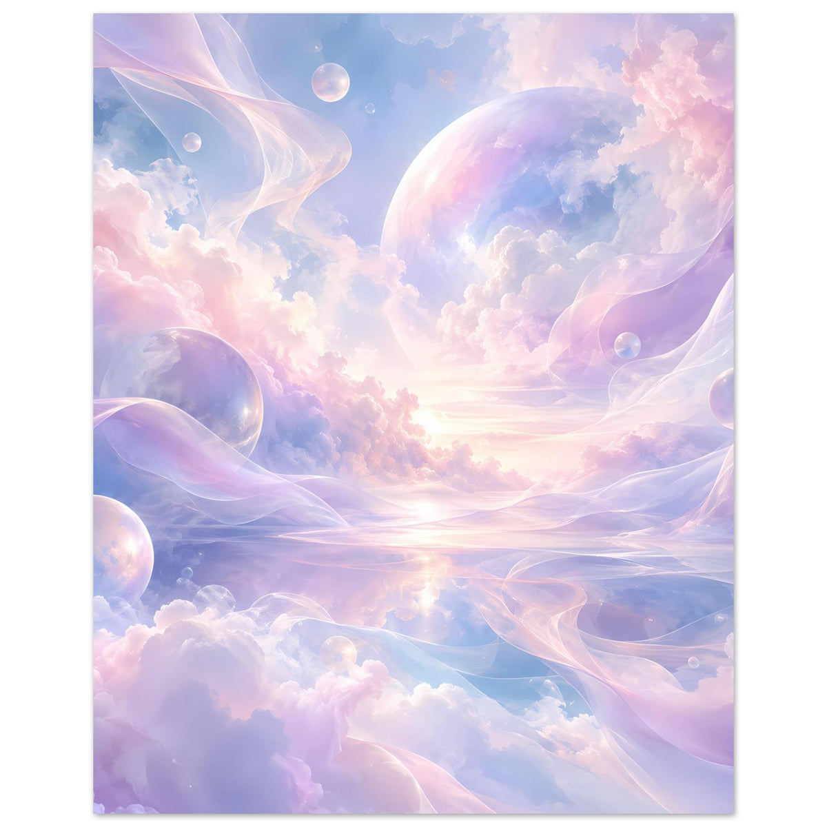Poster mit pastellfarbenen Wolken, schimmernden Kugeln und sanften Farbverläufen