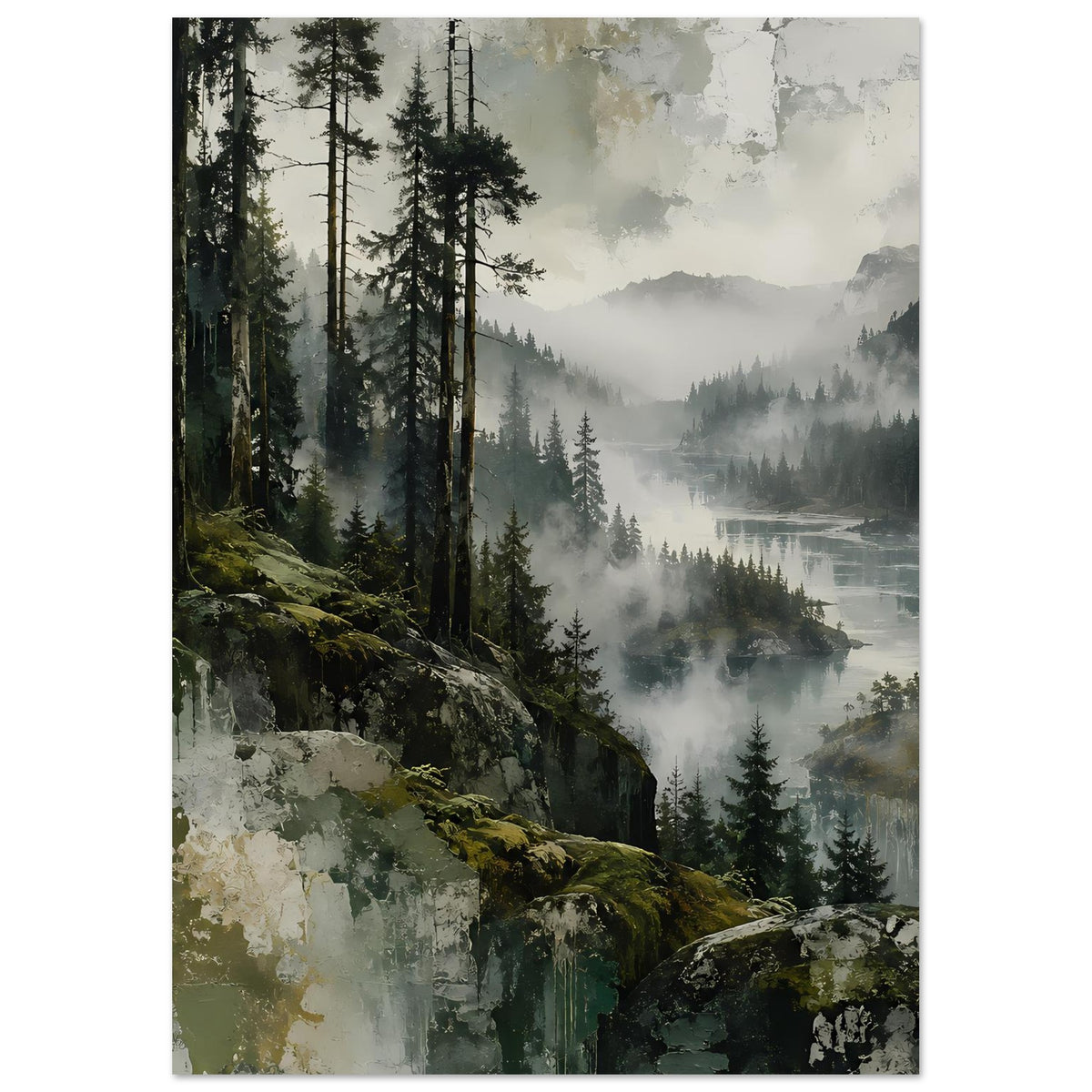 Wandposter mit Tannenwald, Felsvordergrund und nebliger Talansicht