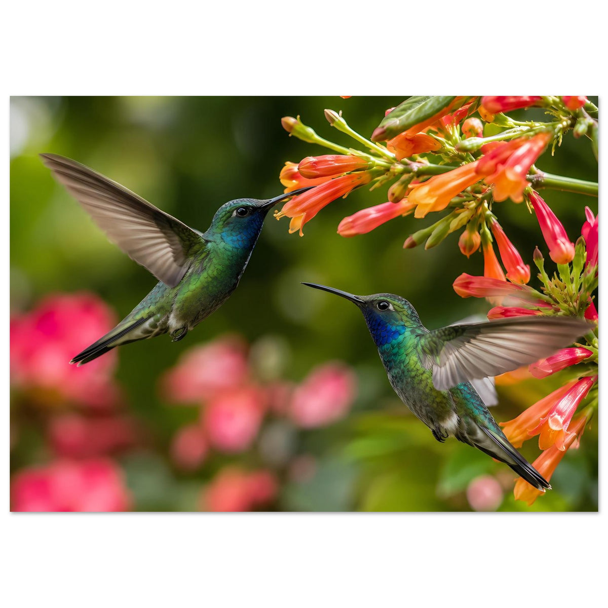 Querformat-Poster: zwei Kolibris vor Blütenrispen mit orange-roten Blüten