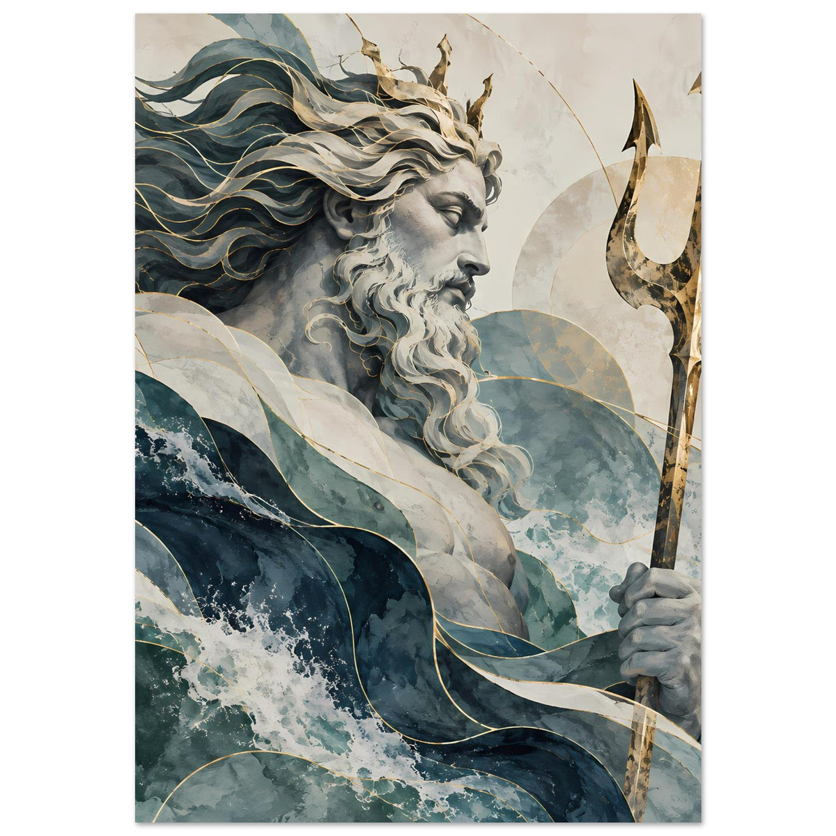Neptun-Wandposter mit Meeresgott im Seitenprofil, Meerwellen und goldfarbenem Dreizack