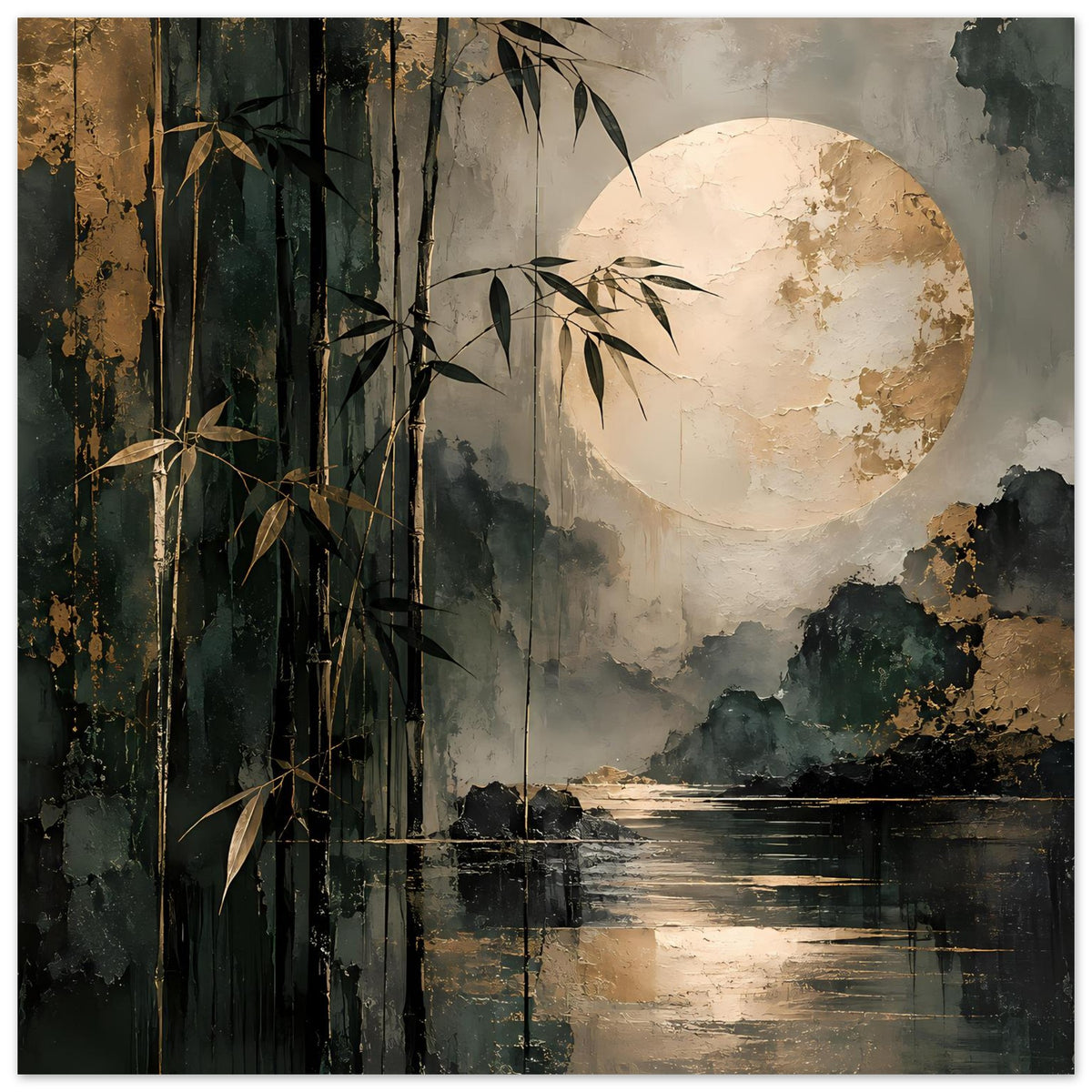 Naturposter mit Bambus, Mondsichel im Kreis, goldenen Sprenkeln und Spiegelung im Wasser