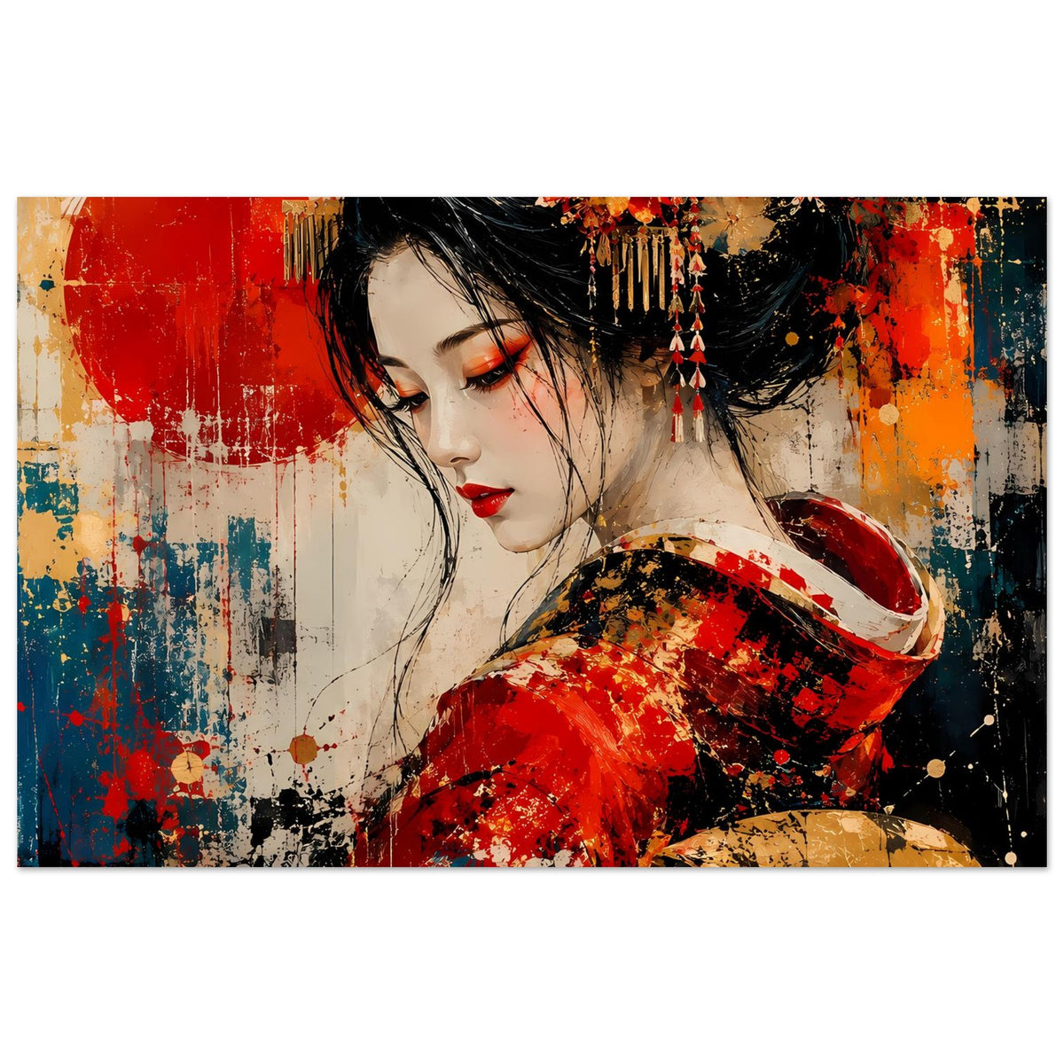 Geisha-Kunstposter: Frau mit rotem Kimono, Blumen-Haaraufsatz und Fächer