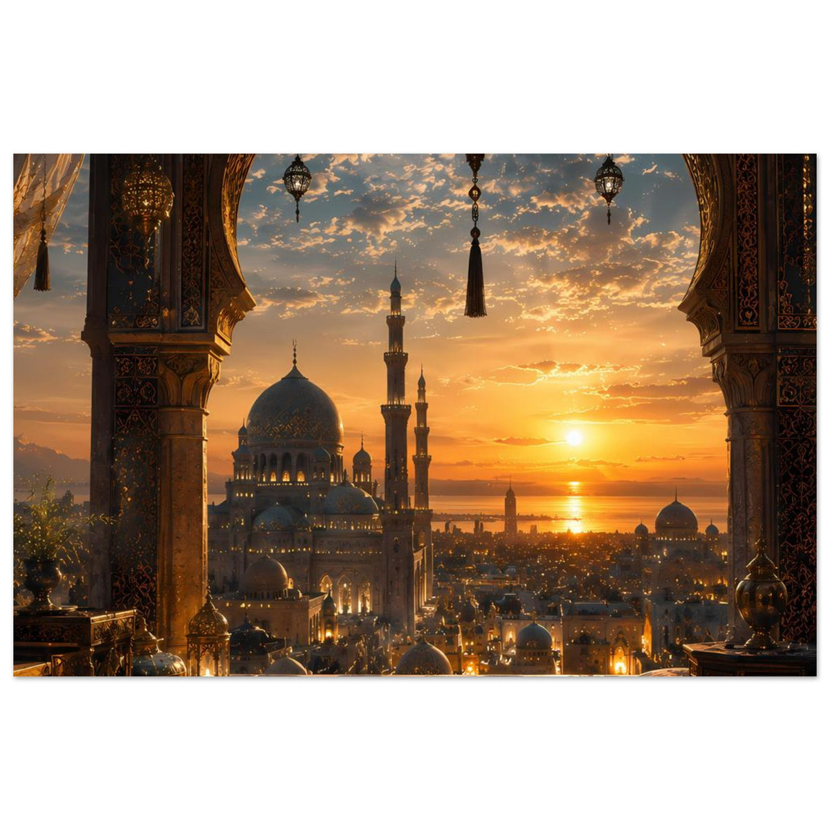 Horizontales Poster: Moschee bei Sonnenuntergang, goldene Lichtstimmung im Bogenfenster