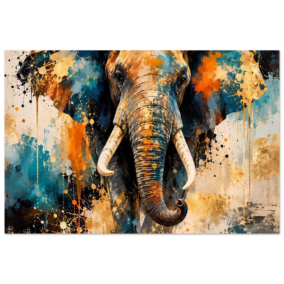 Abstraktes Elefantenposter, breitformat: Elefant mittig vor Muster aus Blau-, Orange- und Gelbtönen