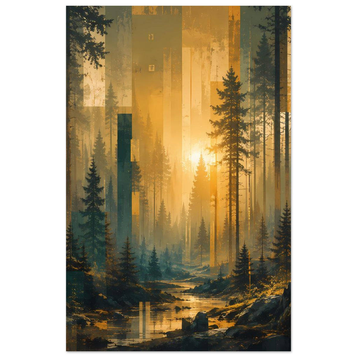 Wandposter Waldlandschaft mit Sonnenaufgang über Tannen, Lichtkegel und tiefe Perspektive