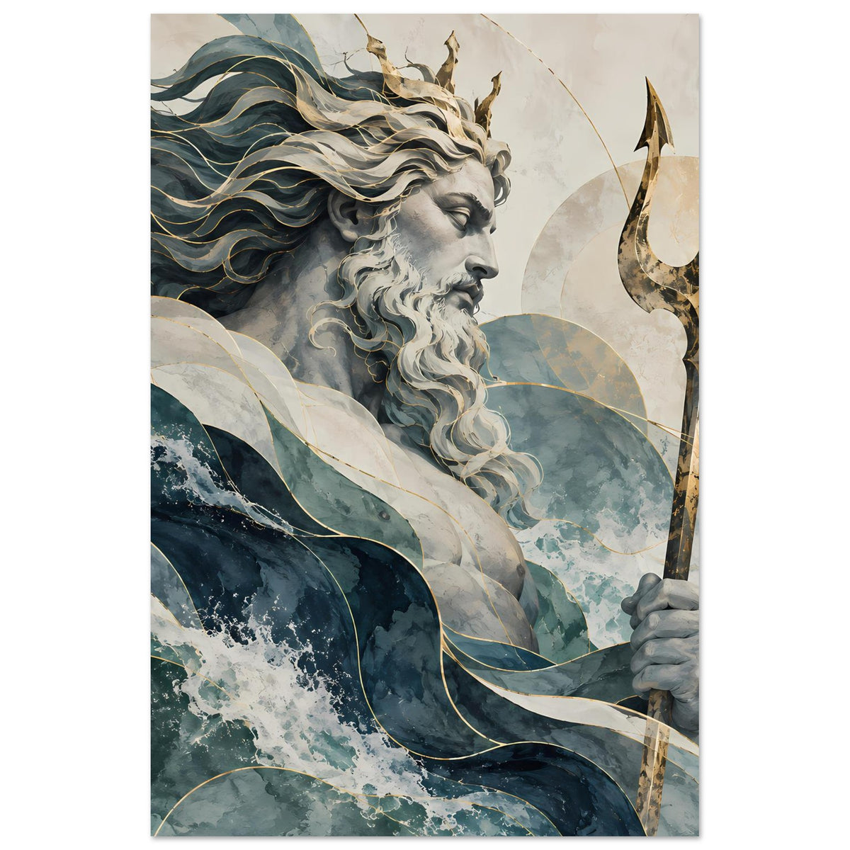 Hochformat-Wandposter mit Poseidon/Neptun im Profil, Meerwellen und goldenem Dreizack