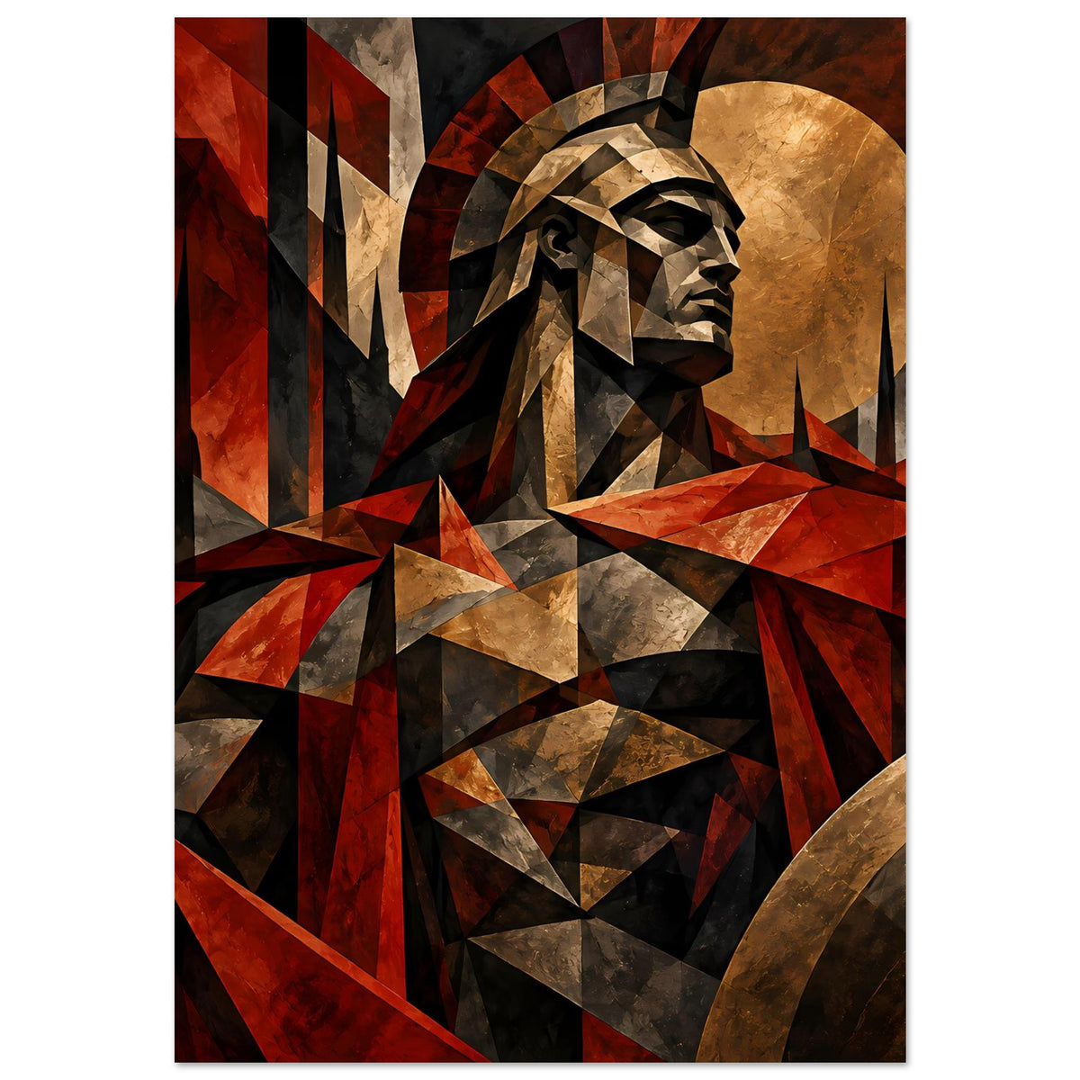 Poster: Spartanerkrieger in Rot und Gold mit geometrischem Kunststil, Ganzfigur.